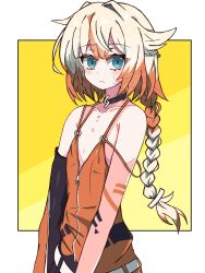  absurdres aqua_eyes arm_tattoo blonde_hair braid cevio choker closed_mouth dress expressionless female flat_chest highres multicolored_hair noir_(noire6959) one_(cevio) orange_dress spaghetti_strap strap_slip tattoo two-tone_hair yellow_background 