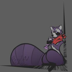  anthro badartvirtuoso drinking hi_res indigo_park male mammal mostly_nude procyonid purple_body raccoon rambley_raccoon red_scarf scarf scarf_only simple_background solo thick_thighs wide_hips 