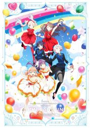  6+girls ;d above_clouds absurdres aqua_eyes arm_up armpits asymmetrical_gloves awoke_(love_live!) balloon black_gloves black_hat black_jacket black_leggings black_pantyhose black_shorts black_skirt blonde_hair blu-ray_cover blue_eyes blue_gloves blue_hair blue_hat blue_jacket blue_ribbon blue_sky bob_cut border bow breasts brown_hair closed_mouth cloud collarbone colored_inner_hair commentary_request copyright_name cover crossed_bangs dark_blue_hair diagonal_bangs diamond_hair_ornament do!_do!_do!_(love_live!) dress earrings english_text floating_hair fujishima_megumi gloves gradient_hair green_eyes grey_hair grin hair_bun hair_ribbon hairbow hat heart heart_balloon heart_earrings highres hinoshita_kaho holding holding_balloon holding_hands interlocked_fingers inverted_bob jacket jewelry leggings light_blue_hair link!_like!_love_live! long_hair long_sleeves looking_at_another looking_at_viewer love_live! low_twintails mary_janes medium_breasts medium_hair midair mismatched_gloves multicolored_clothes multicolored_hair multicolored_jacket multiple_girls murano_sayaka official_alternate_costume official_art one_eye_closed orange_hair orange_trim osawa_rurino otomune_kozue overskirt pantyhose parted_bangs pink_eyes purple_eyes purple_hair red_bow red_dress red_hair ribbon shoes short_hair shorts side_ponytail sidelocks single-shoulder_dress single_side_bun skirt sky sleeveless sleeveless_dress sleeves_past_elbows smile star_balloon streaked_hair striped_clothes striped_jacket suisai_sekai teeth twintails two-tone_hat two-tone_jacket two_side_up upper_teeth_only vertical-striped_clothes vertical-striped_jacket virtual_youtuber white_border white_dress white_footwear white_gloves yugiri_tsuzuri 