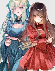  2girls alternate_costume arm_under_breasts artist_name black_thighhighs blue_dress blue_eyes blue_nails braid breasts brown_hair cleavage cleavage_cutout clothing_cutout commentary_request cowboy_shot curly_hair dress earrings expressionless fate/extra fate/grand_order fate_(series) fingernails hand_on_own_arm highres ishikawa_yui jewelry kishinami_hakuno_(female) large_breasts long_hair long_sleeves looking_at_viewer morgan_le_fay_(fate) multiple_girls nail_polish orange_eyes parted_lips pelvic_curtain ponytail red_dress side_slit sidelocks thighhighs togashi_(choco-bakama_kitchen) twitter_username very_long_hair voice_actor_connection 