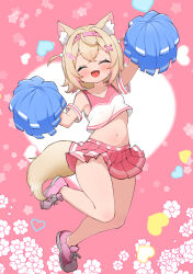  :d absurdres alternate_costume animal_ear_fluff animal_ears arm_up bare_legs bare_shoulders blonde_hair blush breasts closed_eyes crop_top crossed_bangs dog_ears dog_girl dog_tail facing_viewer female flower fluff hand_up heart highres holding holding_pom_poms hololive hololive_english kani_bonara medium_bangs medium_hair midriff miniskirt mococo_abyssgard navel pink_background pink_footwear pink_skirt pink_tank_top pleated_skirt pom_pom_(cheerleading) skirt small_breasts smile solo standing standing_on_one_leg star_(symbol) tail tank_top two-tone_tank_top two_side_up virtual_youtuber white_tank_top 