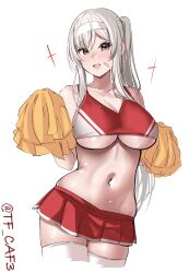  absurdres armpits bandana breasts cheerleader crop_top female hairband highres holding holding_pom_poms kantai_collection large_breasts long_hair looking_at_viewer midriff miniskirt navel open_mouth pleated_skirt pom_pom_(cheerleading) ponytail shoukaku_(kancolle) skirt sleeveless smile solo tf_cafe thighhighs white_hair white_thighhighs 