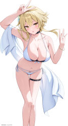  absurdres arm_up bikini black_choker blonde_hair breasts choker collarbone female genshin_impact hands_up highres large_breasts looking_at_viewer lumine_(genshin_impact) nail navel open_mouth patreon_username rosumerii sarong simple_background solo stomach swimsuit thigh_gap thigh_strap v white_background white_bikini white_sarong yellow_eyes 