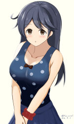  ahoge black_hair blue_one-piece_swimsuit blush breasts brown_eyes casual_one-piece_swimsuit cleavage dated fai_(fai_coral) female hair_ornament highres kantai_collection large_breasts long_hair looking_at_viewer one-piece_swimsuit polka_dot polka_dot_swimsuit scrunchie skirt smile solo swimsuit swimsuit_under_clothes twitter_username ushio_(kancolle) ushio_(swimsuit_mode)_(kancolle) white_background wrist_scrunchie 