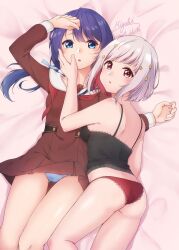  2girls arm_up artist_name ass back black_camisole blue_eyes blue_hair blue_panties blue_ribbon bob_cut breasts brown_dress camisole clothes_lift collarbone colored_inner_hair commentary_request dark_blue_hair dated diagonal_bangs dress dress_lift grey_hair hair_ornament hair_ribbon hand_on_another&#039;s_cheek hand_on_another&#039;s_face haruna_miyabi hasu_no_sora_school_uniform highres interrupted inverted_bob link!_like!_love_live! long_hair long_sleeves looking_at_another looking_at_viewer love_live! low_twintails medium_breasts multicolored_hair multiple_girls murano_sayaka neckerchief on_bed open_mouth panties pleated_dress red_eyes red_hair red_neckerchief red_panties ribbon sailor_collar sailor_dress school_uniform short_dress short_hair signature star_(symbol) star_hair_ornament streaked_hair twintails underwear undone_neckerchief virtual_youtuber white_sailor_collar winter_uniform yugiri_tsuzuri yuri 