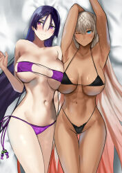  2girls abs absurdres armpits arms_up bare_shoulders beads bikini black_bikini black_gloves blue_eyes blush breasts cleavage collarbone contrast dark-skinned_female dark_skin elbow_gloves eyepatch_bikini fate/grand_order fate_(series) gloves gradient_hair grey_hair highleg highleg_bikini highres jikihatiman large_breasts long_hair looking_at_viewer lying minamoto_no_raikou_(fate) minamoto_no_raikou_(swimsuit_lancer)_(fate) multicolored_hair multiple_girls muscular muscular_female navel on_back one_eye_closed orange_hair parted_bangs purple_bikini purple_eyes purple_hair sideboob stomach swimsuit thighs underboob very_long_hair zenobia_(fate) 