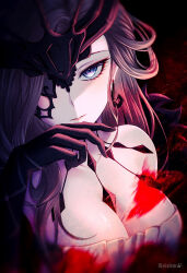  absurdres artist_name black_gloves black_mask blue_eyes breasts closed_mouth dark_background earrings elbow_gloves eye_mask female floating_earring genshin_impact gloves grey_hair highres jewelry large_breasts light_smile long_hair looking_at_viewer mask_over_one_eye nisikm signora_(genshin_impact) solo upper_body 