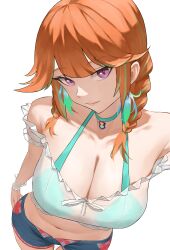  absurdres bikini bikini_under_clothes braid breasts choker cleavage denim denim_shorts earrings feather_earrings feathers female foreshortening green_bikini green_choker green_hair highres hololive hololive_english jewelry large_breasts looking_at_viewer multicolored_hair official_alternate_costume orange_hair purple_eyes rawoon_d see-through see-through_shirt shirt shorts simple_background streaked_hair swimsuit takanashi_kiara takanashi_kiara_(casual) twin_braids virtual_youtuber white_background 