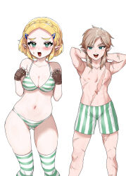  ass_visible_through_thighs bikini blonde_hair blue_eyes blush braid brown_gloves commentary_request crown_braid female fingerless_gloves gloves green_bikini green_eyes green_thighhighs hair_ornament hairclip highres light_brown_hair link looking_at_another looking_at_viewer medium_hair navel open_mouth pointy_ears princess_zelda scar scar_on_arm scar_on_cheek scar_on_face scar_on_leg short_hair sidelocks striped_bikini striped_clothes striped_male_swimwear striped_thighhighs swimsuit the_legend_of_zelda the_legend_of_zelda:_tears_of_the_kingdom thighhighs wasabi_(legemd) white_background white_bikini white_thighhighs 