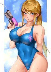  absurdres blonde_hair blue_eyes blush breasts female gun highres large_breasts looking_at_viewer metroid mole mole_under_mouth ponytail samus_aran solo swimsuit weapon yotsuha_uni zero_suit 