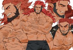  1boy bad_id bad_twitter_id bara beard body_hair cloak demon ear_piercing facial_hair gomihebi highres large_pectorals long_hair looking_at_viewer male_focus muscular muscular_male navel navel_hair nipples original pants pectorals piercing pointy_ears smile topless_male torn_cloak torn_clothes tusks 