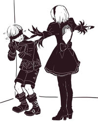  1boy backless_outfit blindfold boots covered_eyes english_commentary female flying_sweatdrops greyscale hairband high_heel_boots high_heels highres jacket juliet_sleeves long_sleeves meme monochrome nier_(series) nier_automata puffy_sleeves sakuramochixninja scared short_hair shorts standing t-pose thigh_boots thighhighs yorha_no._2_type_b yorha_no._9_type_s 