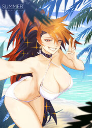  beach bikini black_choker black_hair blue_sky breasts butt_crack choker cloud cloudy_sky day earrings female fingernails hair_between_eyes jewelry large_breasts long_fingernails multicolored_hair ocean orange_hair original outdoors palm_tree red_eyes sand selfie sharp_fingernails shen_(snakeping) shipl sky smile solo swimsuit teeth tree v water white_bikini 