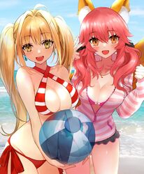  2girls :d animal_ear_fluff animal_ears bad_id bad_twitter_id ball bare_arms bare_shoulders beach beachball bikini black_scrunchie blonde_hair bow breasts cleavage commentary_request criss-cross_halter day earrings fate/grand_order fate_(series) fingernails fox_ears fox_tail hair_ornament hair_scrunchie halterneck hand_up hands_up highres jacket jewelry komazuki_(komaworks240) large_breasts long_hair long_sleeves low_twintails multiple_girls nero_claudius_(fate) nero_claudius_(swimsuit_caster)_(fate) ocean official_alternate_costume open_mouth orange_eyes outdoors painttool_sai_(medium) pink_bikini pink_hair pink_jacket pink_nails red_bikini red_bow scrunchie side-tie_bikini_bottom sling_bikini_top smile standing striped_bikini striped_clothes striped_jacket swimsuit tail tamamo_(fate) tamamo_no_mae_(fate/extra) tamamo_no_mae_(spring_casual)_(fate) twintails v very_long_hair 