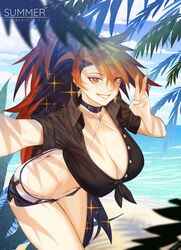  beach black_choker black_hair blue_sky breasts choker cleavage cloud cloudy_sky day earrings female fingernails hair_between_eyes jewelry large_breasts long_fingernails multicolored_hair ocean orange_hair original outdoors palm_tree red_eyes sand selfie sharp_fingernails shen_(snakeping) shipl sky smile solo teeth tree v water 