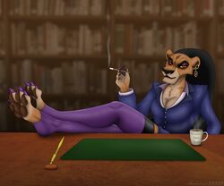  6:5 anthro anthrofied business clothed clothing desk digital_media_(artwork) disney ear_piercing ear_ring feet felid female furniture hi_res legwear lion mammal office pantherine pawpads paws piercing rahir_(artist) ring_piercing stockings suit table the_lion_king zira_(the_lion_king) 