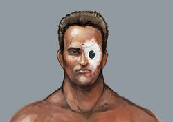  1boy absurdres arnold_schwarzenegger black_eyes blood blood_on_face brown_hair chanta_(ayatakaoisii) closed_mouth grey_background highres looking_at_viewer male_focus parody pepper_(robot) robot short_hair simple_background softbank solo t-800 terminator_(series) the_terminator 