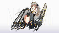  absurdres bare_shoulders black_dress chainsword character_name dress female flat_chest grey_eyes grey_hair hair_ornament highres holding holding_sword holding_weapon long_hair mechanical_arms mechanical_legs nanami:_pulse_(punishing:_gray_raven) nanami_(punishing:_gray_raven) open_mouth plusbrackets ponytail punishing:_gray_raven sidelocks skates sleeveless sleeveless_dress solo sword very_long_hair weapon 