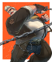  1boy beard belt chains eyepatch facial_hair fat fat_man fighting_stance fingerless_gloves gloves goldlewis_dickinson grey_hair guilty_gear guilty_gear_strive male_focus open_mouth short_hair tentenkingyo 