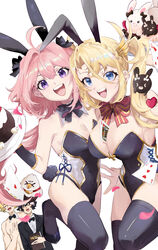  3boys animal_ears astolfo_(fate) bare_shoulders black_bow black_leotard black_thighhighs blonde_hair blue_eyes blush bow bowtie bradamante_(fate) bradamante_(welcome_bunny)_(fate) braid braided_ponytail breasts cake card charlemagne_(fate) cleavage cousins covered_navel crown_braid detached_collar detached_sleeves fake_animal_ears fake_tail fate/apocrypha fate/extella fate/extella_link fate/extra fate/grand_order fate_(series) female food gold_trim hair_intakes hairbow highleg highleg_leotard highres hippogriff large_breasts leotard long_hair looking_at_viewer multicolored_hair multiple_boys open_mouth otoko_no_ko phanta pink_hair playboy_bunny playing_card purple_eyes rabbit_ears rabbit_tail roland_(fate) smile streaked_hair stuffed_toy suit tail thighhighs thighs tray twintails two-tone_leotard very_long_hair white_hair white_leotard 