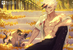  1boy abs animal bare_shoulders black_hair blood blood_on_clothes closed_eyes closed_mouth earrings feline fingernails injury jewelry licking male_focus multicolored_hair muscular muscular_male navel nipples original outdoors scratches shipl signature sitting tree white_hair yellow_eyes 