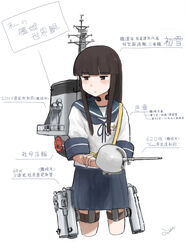  4me_4ma adapted_turret black_hair blue_sailor_collar blue_skirt blunt_bangs brown_eyes cannon character_name closed_mouth collared_shirt commentary_request cowboy_shot female hatsuyuki_(kancolle) headset highres hime_cut js_hatsuyuki_(kancolle) kantai_collection long_hair looking_to_the_side machinery neckerchief pleated_skirt sailor_collar school_uniform serafuku shirt simple_background skirt smokestack solo standing throat_microphone translation_request turret white_background 