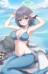  absurdres arms_up backpack bag bikini blue_archive blue_bikini blue_eyes blue_hair blush breasts commentary_request dark_blue_hair day female halo highres looking_at_viewer medium_breasts medium_hair mermaid_costume monofin navel no_headwear ocean official_alternate_costume outdoors parted_lips poorunii rock saki_(blue_archive) saki_(swimsuit)_(blue_archive) sitting solo stomach swimsuit variant_set watch wristwatch 