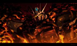  daue explosion from_below glowing glowing_eyes gundam gundam_seed hg_ni_koisuru_futari highres looking_ahead mecha no_humans robot science_fiction signature solo strike_gundam upper_body v-fin yellow_eyes 