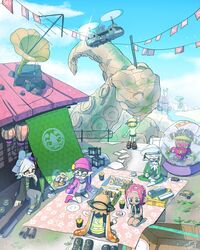  2boys 6+girls agent_3_(splatoon) agent_4_(splatoon) agent_8_(splatoon) beard black_kimono blue_sky cabbie_hat callie_(splatoon) cap&#039;n_cuttlefish cup dark-skinned_female dark_skin dj_octavio doughnut drinking_straw eating facial_hair fangs food glasses grey_hair hat highres in_container inkling inkling_girl inkling_player_character jacket japanese_clothes jersey kimono marie_(splatoon) marina_(splatoon) minawake_(azuma-m) multiple_boys multiple_girls obi octoling octoling_player_character pearl_(splatoon) picnic pink_hair pointy_ears sash shoes sitting sky smile snow_globe splatoon_(series) splatoon_2 splatoon_2:_octo_expansion squidbeak_splatoon tentacle tentacle_hair umbrella unworn_shoes waving 