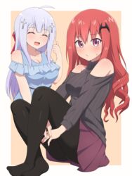  2girls :/ :d alternate_hairstyle bad_id bad_pixiv_id bare_shoulders bat_hair_ornament black_legwear blue_hair blush breasts closed_eyes closed_mouth clothing_cutout commentary_request cross_hair_ornament gabriel_dropout hair_between_eyes hair_down hair_ornament hands_under_legs highres hugging_own_legs light_blue_hair long_hair long_sleeves medium_breasts multiple_girls no_shoes nyaroon off-shoulder_sweater off_shoulder open_mouth panties panties_under_pantyhose pantyhose pleated_skirt purple_eyes raphiel_shiraha_ainsworth red_hair satanichia_kurumizawa_mcdowell shoulder_cutout sitting skirt smile sweatdrop sweater turtleneck turtleneck_sweater underwear 