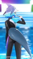  alternate_costume aqua_hair blue_eyes blue_hair bodysuit cetacean_tail commentary_request common_bottlenose_dolphin_(kemono_friends) diving_suit dorsal_fin female fins fish_tail from_behind gradient_hair grey_hair kemono_friends long_sleeves looking_away multicolored_hair pool short_hair solo stylecase tail wetsuit whistle 