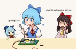  2girls :d :o ascot bad_id bad_twitter_id beamed_eighth_notes blue_dress blue_eyes blue_hair bow bowtie brown_eyes brown_hair character_doll circuit_board cirno constricted_pupils cooking detached_sleeves dirty dress english_commentary english_text food food_on_face fork fried_egg fumo_(doll) hair_tubes hairbow hakurei_reimu highres holding holding_fork japanese_clothes looking_at_another looking_down motherboard multiple_girls music musical_note neck_ribbon nontraditional_miko nvi2762 profanity puffy_short_sleeves puffy_sleeves red_bow red_bowtie red_ribbon ribbon shaded_face short_hair short_sleeves sidelocks simple_background singing smile speech_bubble surprised table tears touhou upper_body white_background wire yellow_ascot you&#039;re_doing_it_wrong 