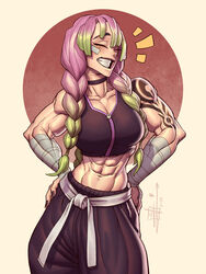  abs absurdres alternate_muscle_size arm_tattoo arm_wrap baggy_pants bandaid bandaid_on_cheek bandaid_on_face belt black_choker black_pants breasts choker clip_studio_paint_(medium) closed_eyes collarbone commentary crop_top english_commentary female gradient_hair green_hair grin hands_on_own_hips highres joseph_virtuoso kanroji_mitsuri kimetsu_no_yaiba large_breasts long_hair martial_arts_belt midriff mole mole_under_eye multicolored_hair muscular muscular_female navel nose pants pink_hair sleeveless smile solo standing tattoo teeth thick_eyebrows tri_braids two-tone_hair white_belt zipper_pull_tab 