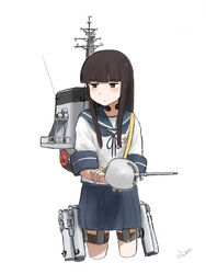  4me_4ma adapted_turret black_hair blue_sailor_collar blue_skirt blunt_bangs brown_eyes cannon character_name closed_mouth collared_shirt commentary_request cowboy_shot female hatsuyuki_(kancolle) headset highres hime_cut js_hatsuyuki_(kancolle) kantai_collection long_hair looking_to_the_side machinery neckerchief pleated_skirt sailor_collar school_uniform serafuku shirt simple_background skirt smokestack solo standing throat_microphone turret white_background 