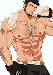  1boy abs arm_hair bad_id bad_twitter_id bara beard black_hair blue_eyes body_hair boxers boxing_gloves danny_(felixnosi) facial_hair gomihebi highres large_pectorals looking_at_viewer male_focus male_underwear mature_male muscular muscular_male navel navel_hair nipples original pants pectorals smile solo stomach sweat topless_male towel underwear 