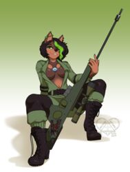  anthro awp biped boots breasts canid canine clothed clothing digital_media_(artwork) female footwear gun hi_res kittydee looking_at_viewer mammal ranged_weapon rifle saki_(sakistormwaters) shaded sitting smile sniper_rifle solo weapon 