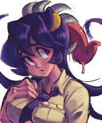  1boy artist_request black_hair female filia_(skullgirls) futakuchi-onna hono1212 looking_back necktie open_mouth parasite prehensile_hair red_eyes saliva samson_(skullgirls) school_uniform shirt_pocket skullgirls teeth tie tongue yellow_eyes 