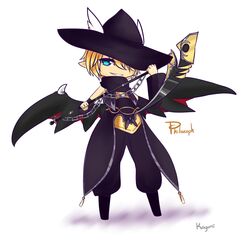  blonde_hair chibi elf green_eyes hat kayumi mabinogi male male_focus no_background philozoph pointy_ears scythe solo wings 