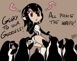  bird black_hair commentary english_commentary english_text female flock grape-kun headphones humboldt_penguin humboldt_penguin_(kemono_friends) jacket kemono_friends kukuruyo multicolored_hair penguin short_hair twisted_torso 