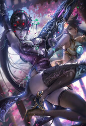  2girks cherry_blossom flower long_hair overwatch purple_hair realistic sakimichan short_hair tracer traditional_clothes weapons widowmaker 