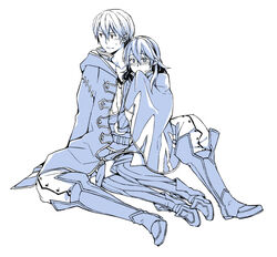  1boy blue_theme blush commentary_request couple female fire_emblem fire_emblem_awakening gloves hood iwatsuki long_hair lucina_(fire_emblem) monochrome photoshop_(medium) robin_(fire_emblem) robin_(male)_(fire_emblem) shared_clothes shared_coat short_hair straight 