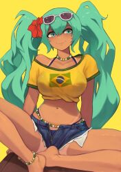  barefoot bead_anklet belly_chain blanco2k1 brazilian_flag_print brazilian_miku breasts crop_top dark-skinned_female dark_skin female flower green_hair hair_flower hair_ornament hatsune_miku highres jewelry large_breasts long_hair navel red_flower single_bare_shoulder smile solo sunglasses tan twintails vocaloid 