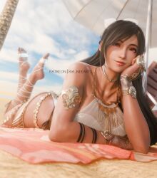  armlet beach beach_towel beach_umbrella belly_chain bikini black_hair brown_eyes female final_fantasy final_fantasy_vii final_fantasy_vii_ever_crisis highres jewelry lying official_alternate_costume official_alternate_hairstyle on_stomach palm_tree ria_(baka-neearts) smile solo stirrup_footwear swimsuit the_pose tifa_lockhart tifa_lockhart_(passion_mermaid) towel tree umbrella white_bikini 