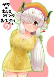  animal_ears black_horns blush breasts brown_eyes brown_ribbon cleavage dress extra_ears female grey_horns hair_over_one_eye highres horns kemono_friends kemono_friends_3 long_hair looking_at_viewer multicolored_horns ox_ears ox_girl ox_horns ox_tail ribbon smile solo tame_(sld8zoczefz9aau) twintails white_hair yak_(kemono_friends) yellow_dress 