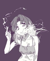  absurdres bare_shoulders bra cigarette female greyscale_with_colored_background highres holding holding_cigarette long_hair mattsuu multicolored_hair original purple_background simple_background smoking solo two-tone_hair underwear 