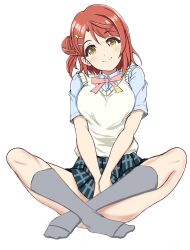  blue_shirt blue_skirt blunt_bangs blush braid braided_bun breasts closed_mouth collared_shirt commentary_request convenient_leg cowboy_shot dress_shirt female full_body grey_socks hair_bun hair_ornament hairclip head_tilt highres indian_style looking_at_viewer love_live! love_live!_nijigasaki_high_school_idol_club medium_breasts medium_hair microskirt neck_ribbon nijigasaki_school_uniform no_shoes pink_hair pink_ribbon plaid_clothes plaid_skirt pleated_skirt ribbon school_uniform shirt simple_background single_side_bun sitting skirt smile socks solo split_mouth summer_uniform swept_bangs uehara_ayumu v_arms white_background yellow_eyes zaofeng 