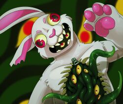  ambiguous_gender clothing costume fangs front_view fur fursuit green_tentacles imperatorcaesar multi_eye open_mouth pawpads pink_inner_ear pink_nose pink_pawpads red_eyes solo teeth tentacle tentacle_creature white_body white_ears white_fur yellow_sclera zipper 