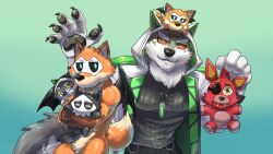  16:9 alaskan_malamute anthro blue_eyes bottomwear canid canine canis changed_(video_game) clawed_fingers clothing dark_sclera domestic_dog duo five_nights_at_freddy&#039;s fox foxy_(fnaf) fur green_eyes grey_body grey_fur hi_res hoodie hug hugging_object hugging_plushie lifewonders live_a_hero male mammal mask nordic_sled_dog nude orange_body orange_fur pants pawpads plushie puro_(changed) red_sclera scottgames shirt spitz topwear weedwolfeatmeat white_body white_fur widescreen 