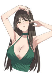  absurdres armpits arms_up bare_arms bare_shoulders black_survival breasts brown_hair character_request choker cleavage dress eternal_return:_black_survival female green_choker green_dress green_eyes highres large_breasts long_hair looking_at_viewer open_mouth ptal simple_background sleeveless sleeveless_dress solo upper_body very_long_hair white_background 