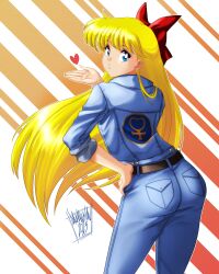  absurdres aino_minako ass bishoujo_senshi_sailor_moon blonde_hair blowing_kiss blue_eyes bow danmakuman denim female hairbow heart highres jacket jeans long_hair looking_at_viewer looking_back pants red_bow solo 